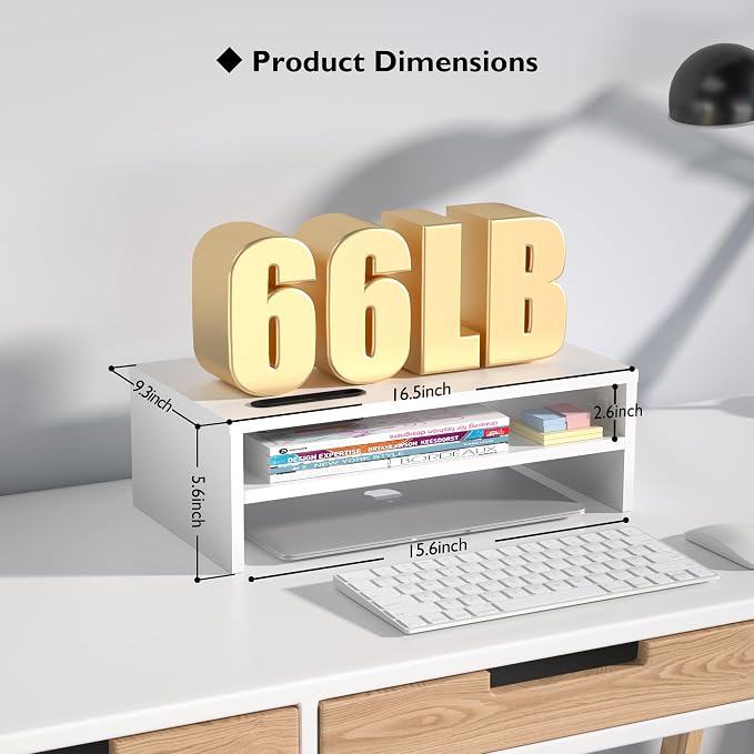 BONTEC Wooden Monitor Stand Riser for Desk, 2-Tier Computer Monitor Stand with Storage, 66 lbs Desk Shelf Organizer, Laptop & Printer Stand with Phone Holder and Cable Management, White, 16.5 Inch
