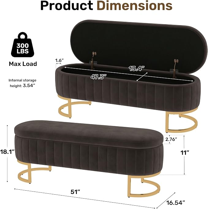 51" Velvet Storage Ottoman Bench End of Bed for Bedroom Entryway Dark Grey