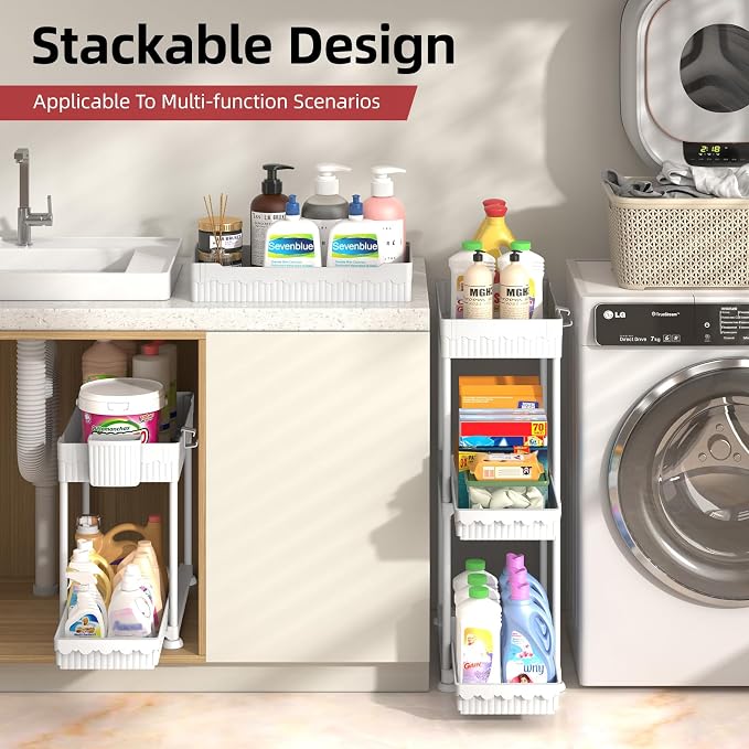 Sevenblue 4-Pack 2-Tier Under Sink Organizer with Pull Out Drawers | Multi-use kitchen & bathroom storage. Includes hanging hooks and cups. White, space-saving cabinet design. 12.8 Inch