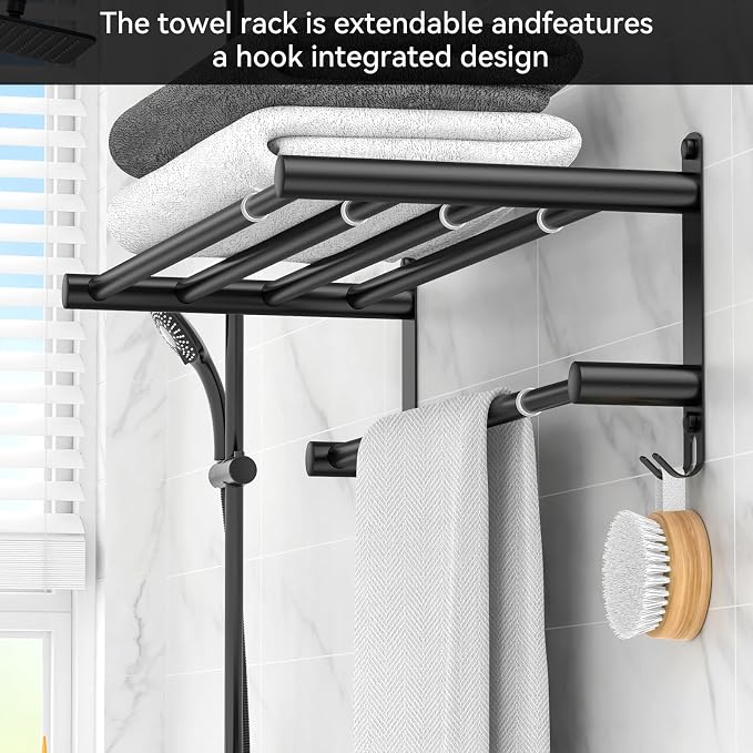 CAXIMSY Black Adjustable Towel Bar for Bathroom Wall Mount17-30.7inch Adhesive Shower Towel Rack Stainless Steel Bath Towel Holders for Toilet Kitchen Double Towel Hanger (Black 2-Layer Towel Rack)