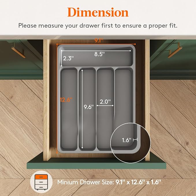 Lifewit Silverware Drawer Organizer Tray, Plastic Cutlery Storage for Kitchen, Flatware and Utensil Holder Divider for Spoons Forks Knives Tableware, 9.1 x 12.6", 5 Slots, Gray