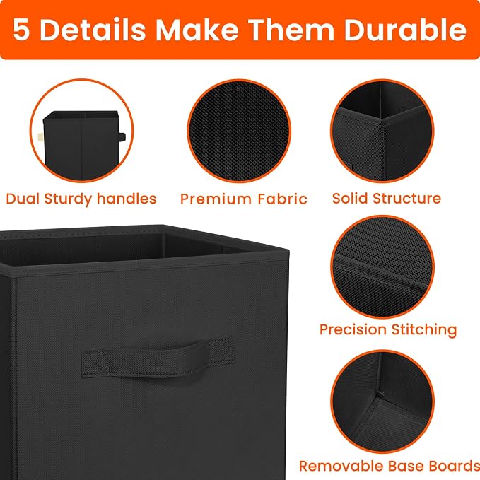 Criusia Storage Cubes, 11 Inch Clothes Storage Bins for Shelves Closet (10 Pack), Fabric Collapsible Storage Bins with Dual Handles, Cubby Storage Baskets for Magazines, Dorm Essentials (Black)