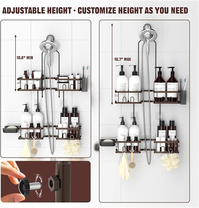 REINHARDT Adjustable Shower Caddy Hanging for Handheld Showerheads, Bronze | Patented Shower Organizer, Rustproof, 40lbs Capacity, Anti-Swing, Tool-Free, Suction Cups, 8 Hooks, Soap & Toothbrush Holder