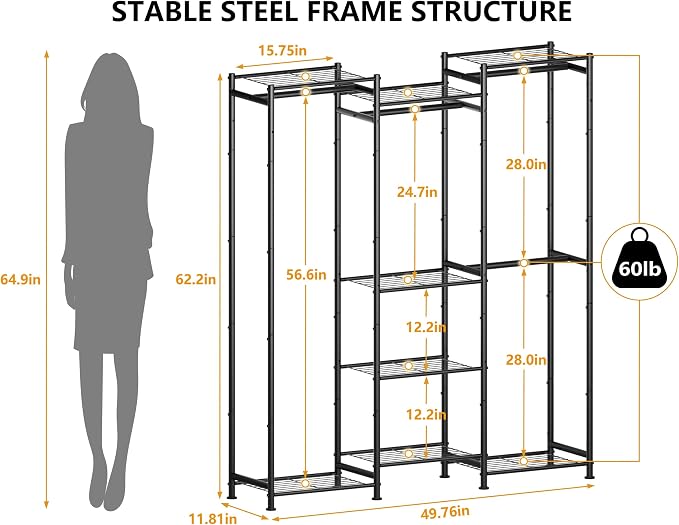 HOMIDEC Wardrobe Closet, 4 Hanging Spaces Portable Clothes Rack,Free Standing Closet Organizer and Storage System with Hanging Rods,Clothing Rack Suitable for Cloakroom,Bedroom,Entrances,etc.Black