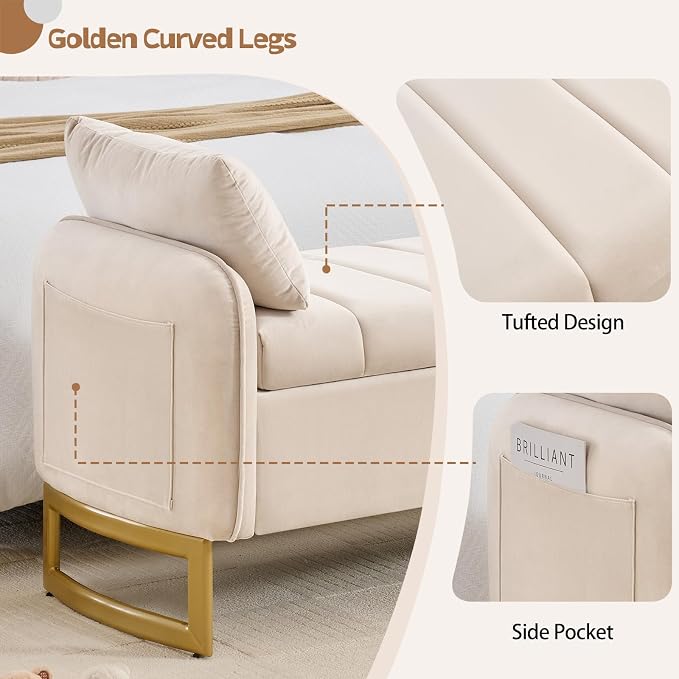 66" Storage Bench for Bedroom End of Bed, King Size Bed Bench with Golden Legs,Storage Ottoman Bench with Arms and 2 Pillows for Foot of Bed Living Room Window Entryway, Beige
