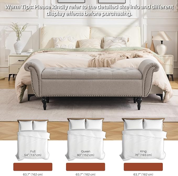 63.8" Storage Bench for Bedroom Rolled Arm Ottoman 700 Lb Linen Light Khaki | Premium Linen End of Bed Bench Elegant Upholstered Ottoman with Hidden Storage Entryway Shoe Bench Window Seat