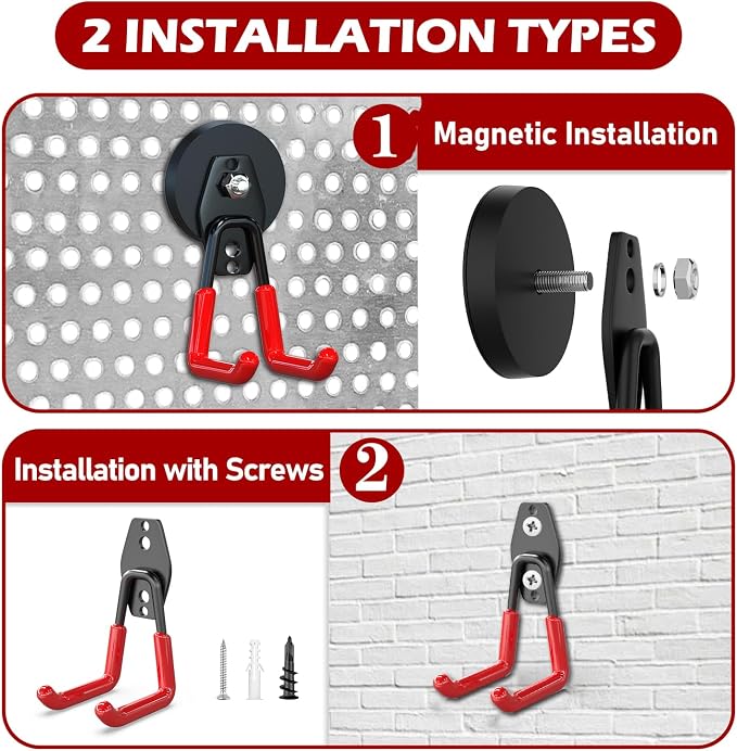 3-H Heavy Duty Magnetic Hooks, Large Magnet Hooks,4 Pack Red | No-Drill Tool Holder for Garage,Power Drill,Garden Tools,Hose Storage