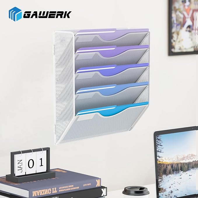 Gawerk 5 Tier Hanging Wall File Organizer, Mesh Mail Paper Orgnization Hanging File Folder Holder for Home Office, White