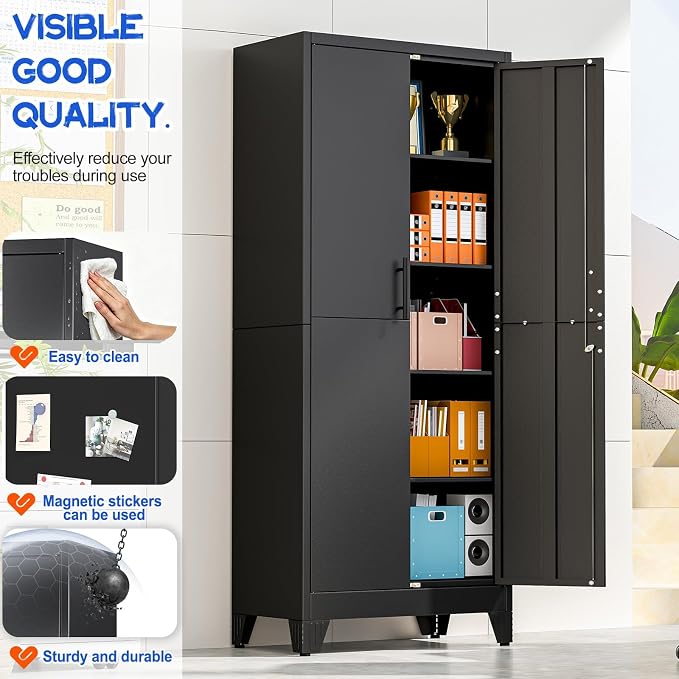 GAIOUS Tall Metal Pantry Storage Cabinet with Lock, File Cabinet Black | 2 Doors Freestanding Steel Bookcase with Adjustable Shelves, Heavy Duty Lockable Office Cabinet, Garage Utility Organizer