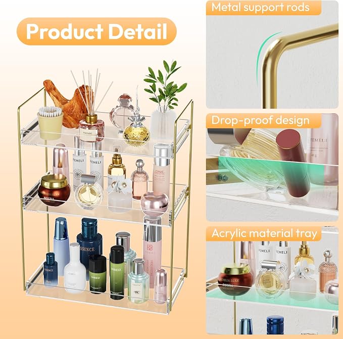 Bathroom Countertop Organizer, 3 Tier Acrylic Tray Vanity Counter Skincare Organizer Shelf, Kitchen Under Sink Standing Rack, Home Storage Holder for Lotion Makeup Cosmetics Perfume Spice, Gold | Kitchen Under Sink Standing Rack, Home Storage Holder fo...