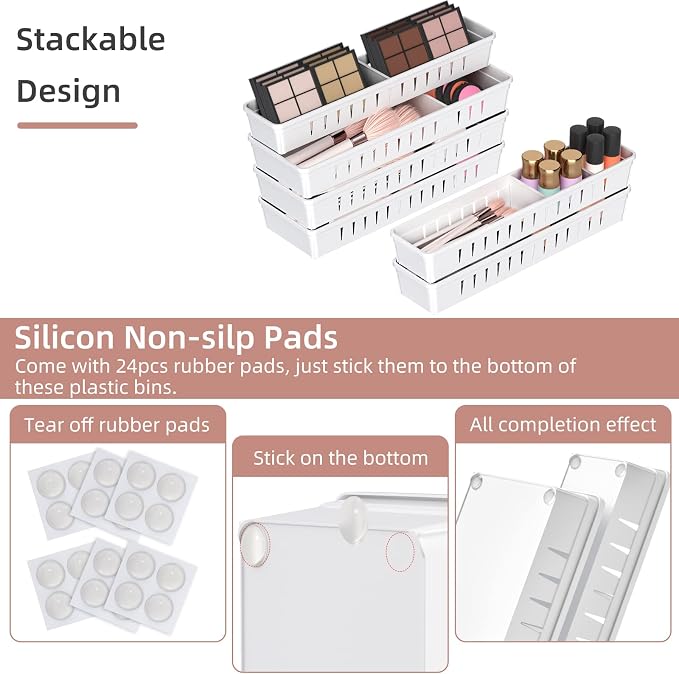 6 PCS Desk Drawer Organizer, Bathroom Drawer Organizer Trays | 12 pcs Dividers Adjustable, 24 Non-Slip Feet, Makeup Organizer Bins for Vanity Clothes Junk Kitchen Utensil, Plastic, White
