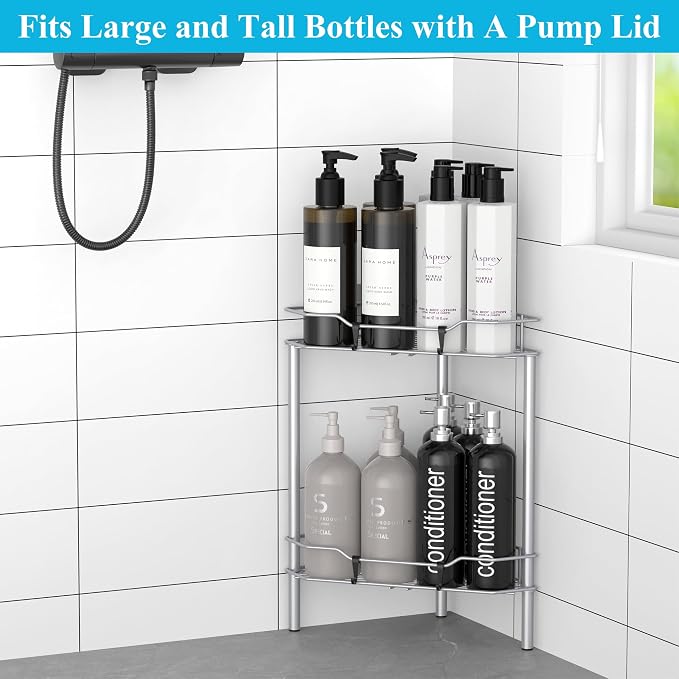HuggieGems 2 Tier Floor Standing Corner Shower Caddy Organizer Shelf with Hooks, Bathroom Shelves Stand Rack, Silver