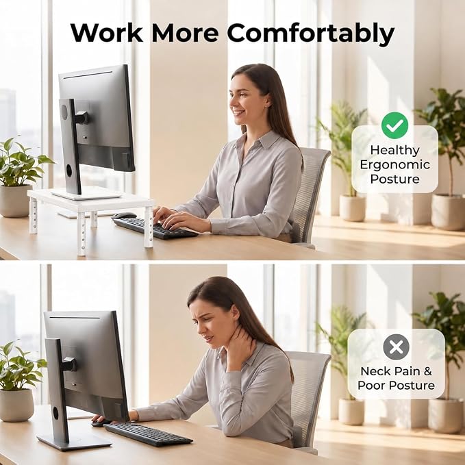 Monitor Stand Riser for Desk, Adjustable Computer & Laptop Stand, Desk Organizer for Monitor, Laptop, PC, Printer, Office Desk Accessories for Home & Office, White Wood