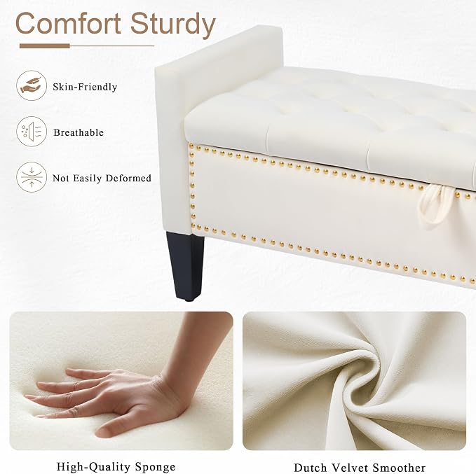 Velvet Storage Ottoman Bench, 46'' Upholstered Button Tufted End of Bed Bench, Modern Entryway Ottoman Bench with Arms, Beige