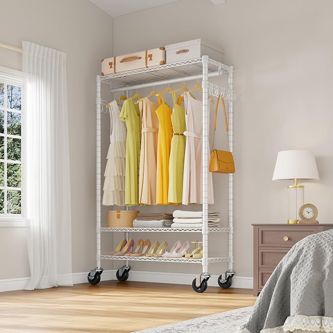 VIPEK R3 Rolling Clothing Rack Portable Garment Rack for Hanging Clothes | Lockable Silent Wheels, Adjustable Wire Shelving, Metal Side Hooks, Load 374lbs, Space-Saving Storage for Small Space, White