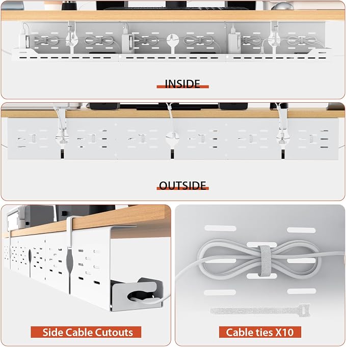 Univivi Under Desk Cable Management Tray, Cable Management, 48 inch, White | Durable Steel Material, Cord Organizer with No-Drill C-Clamp and Screw Mount, Effortless Wire Management for Office/Home