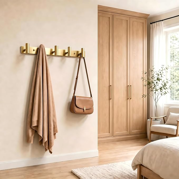 Wall Mounted Coat Rack-5 Hooks, Heavy Duty Stainless Steel Wall Hooks for Towel Coat Bag, Hat Rack Coat Hanger Coat Hooks Towel Racks for Bathroom Entryway Kitchen Hotel Office (Gold, 1 Pack)
