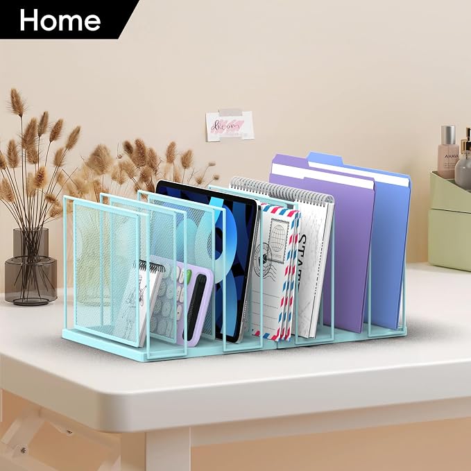 File Organizer for Desk, 7-Section Vertical File Sorter, Paper Holder Organizer Standing Metal File Folder for Office Home Classroom, Blue