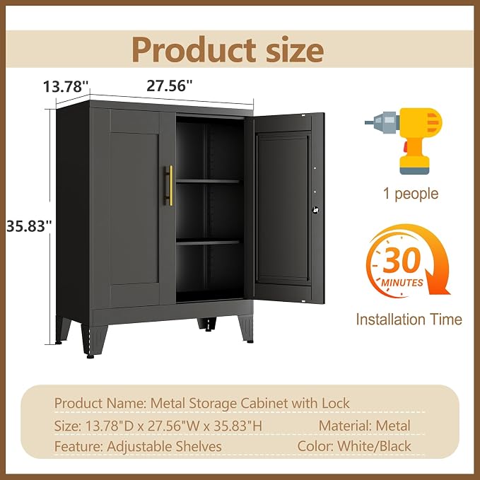 GAIOUS 36" Tall Metal Storage Cabinet with Lock, Locking Cabinet with 2 Doors and 2 Adjustable Shelves, Black Bathroom Floor Cabinets, Freestanding Locked File Cabinets for Home/Office/Garage