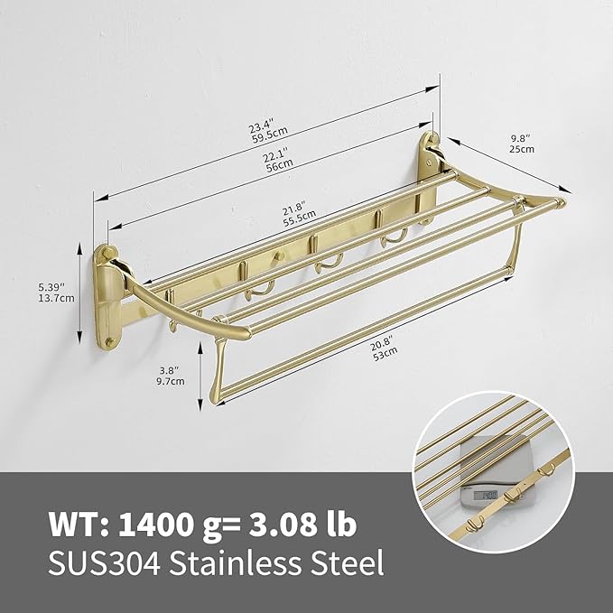 24 Inch Brushed Gold Towel Racks, Bathroom Towel Shelf with Foldable Towel Bar Holder and Towel Hooks, Wall Mounted Multifunctional Bathroom Accessories, Double Towel Bars