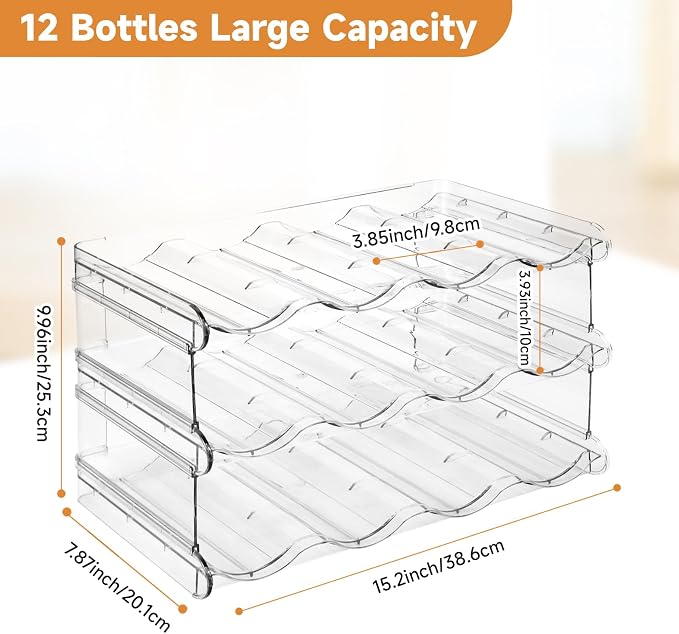 Stackable Water Bottle Organizer Large Compartment Water Bottle Holder | 3 Tier Water Bottle Organizer for Cabinet, Water Bottle Rack for Kitchen Organization and Storage - Hold 12 Bottles