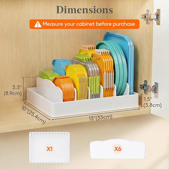 Lifewit Kitchen Cabinet Organizer for Food Contanier Lid, Lid Holder with 6 Adjustable Dividers & 7 Sections for Pantry Organizers and Storage, Home Drawer Organization, Large, 13" x 10"