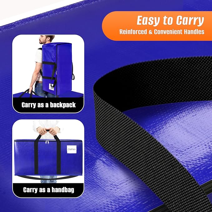 4-Pack Moving Bags with Backpack Straps & Carry Handles, 25 Gallons-93 L Heavy Duty Storage Totes for Space Saving, Foldable Storage Bags for College Dorm, Travel, Camping (Blue)