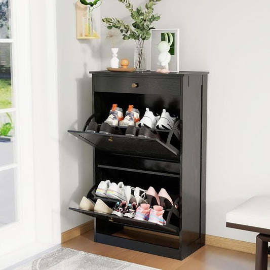 Shoe Storage Cabinet with 2 Flip Drawers, Shoe Cabinet Organizer, Black | Freestanding Hidden Shoe Rack Cabinet with Door, Pet-Proof Shoe Cabinet Storage for Entryway Living Room Behind The Door