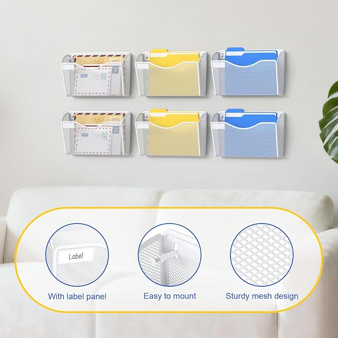 samstar 6 Pack Mesh Wall Mounted File Holder Metal Wall File Pocket Mail Organizer for Office/Home(with Label Panel), White