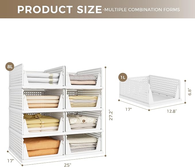 Pinkpum 8 Pack Closet Organizer Storage Bins Stackable Plastic Drawer Shelf | Basket for Clothing Stackable Storage Bins Shelf Storage Container for Closet Wardrobe Bedroom Bathroom Office White Foldable