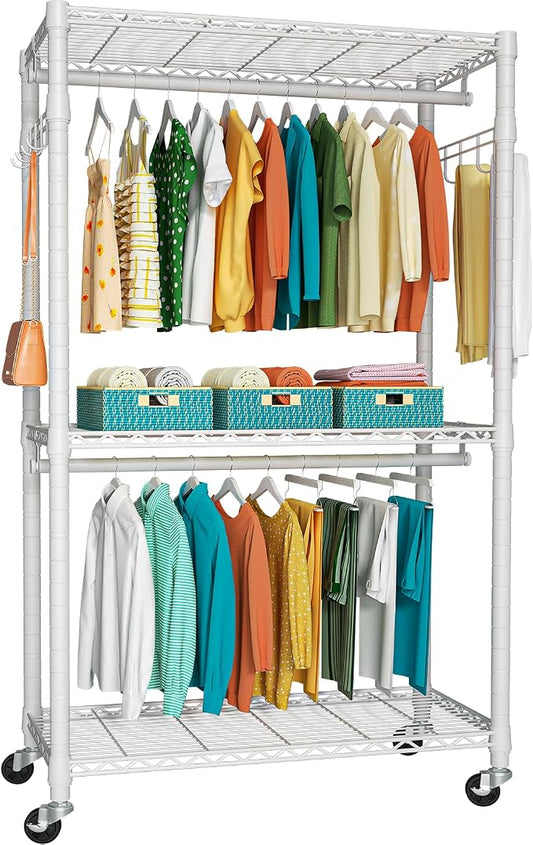 FUTASSI P1 Heavy Duty Garment Rack, 3 Tiers Adjustable Rolling Metal Closet | White Clothing Organizer with Lockable Wheels, Free-Standing Wardrobe with Double Hanger Rods and Hooks, Max Load 450lbs