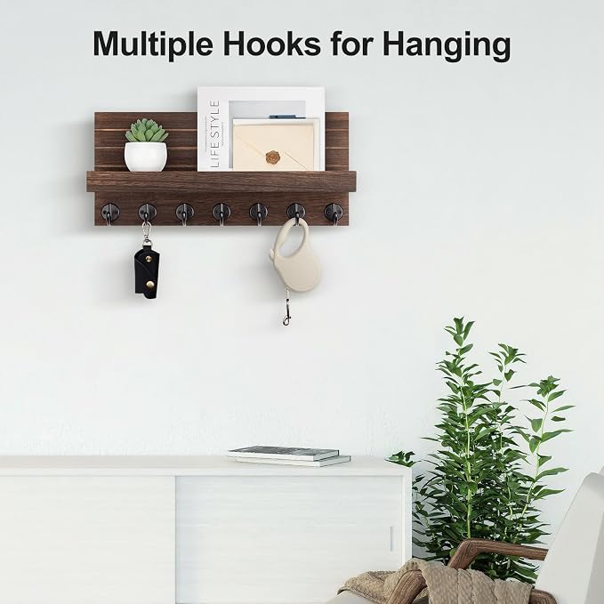 Lwenki Key Holder Wall Mount, Entryway Key and Mail Holder with 7 Sturdy Hooks for Sunglasses, Dog Leash, Decorative Wall Shelf with Mounting Hardware, 15”W x 6.7”H x 4.2”D (Brown)