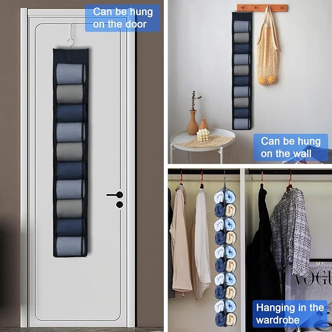 2-Pack Hanging Organizer for Closet - 20 Pocket Leggings Storage | Yoga for Pants & Accessories Multi-Pocket Closet Organizer for Apartments & Dorms, Space-Saving, Behind Door Design (Black)