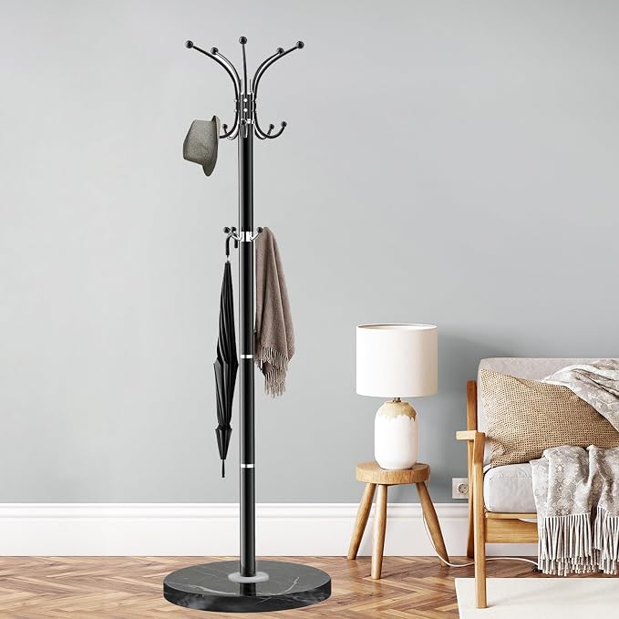 ZOZOE Metal Coat Rack Stand, Modern Coat Rack Freestanding with Natural Marble Base, 360° Rotary Design Coat Racks with 14 Hooks, Black Coat Tree Hanger Stand for Bags, Hats, Entryway, Office