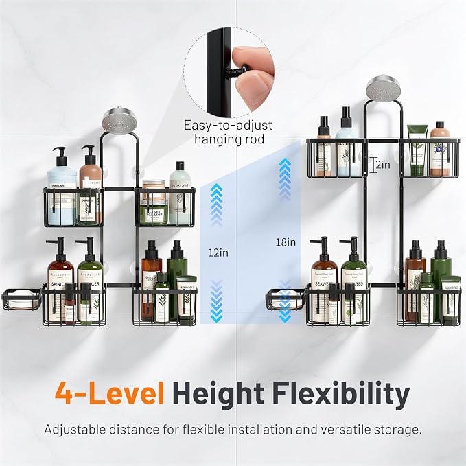 Luxspire Shower Caddy Hanging Overhead, Shower Organizer Hanging, Black | No Drilling Required, Height-Adjustable, Thickened Rustproof Stainless Steel, Heavy-Duty, Include 8 Hooks And Soap Holder