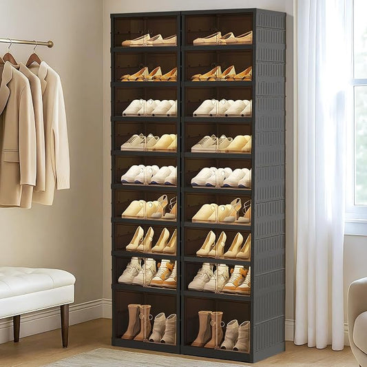 SYNCVIBE Shoe Rack Organizer for Closet Entryway Foldable Sneaker Storage Shoe, Collapsible Shoe Cabinet, Stackable Shoe Storage Cabinet with Lids for Living Room (9 Tiers -36 Pairs Black)