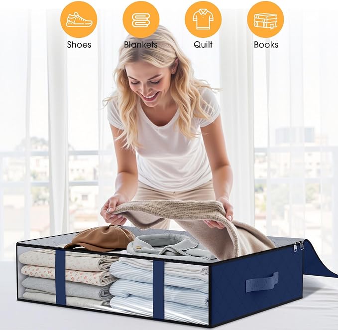 StorageRight Under Bed Storage Bags, 3 Pack, 40L, Blue | Breathable Non-Woven Fabric with a Clear Window and Zippered Top for Clothes, Comforters, Blankets and Seasonal Storage