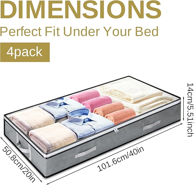 4 Pack 5.5 Inches High Under Bed Storage Containers, Low Profile | Under Bed Storage Containers, Foldable Underbed Bag Stackable Closet Organizer for Blankets Clothing Comforter Wrapping Paper