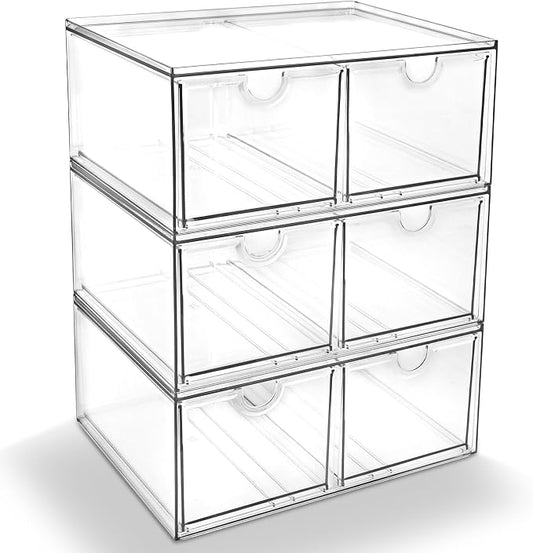 Prsildan 6 Small Drawers Stackable Storage Drawer Clear Acrylic Organizer | Makeup Organizers, Vanity Bathroom Kitchen Cabinets Under Sink Home Organization, 3 Pack