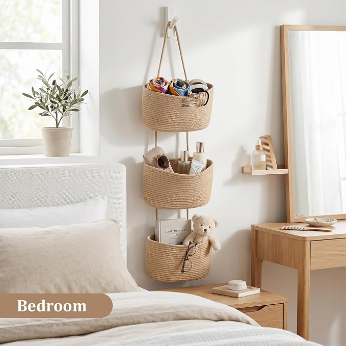 TeoKJ Over the Door Hanging Basket, 3-Tier Woven Cotton Wall-Mounted Storage Organizer Bag Decorative Hanging Nursery Baskets, Jute