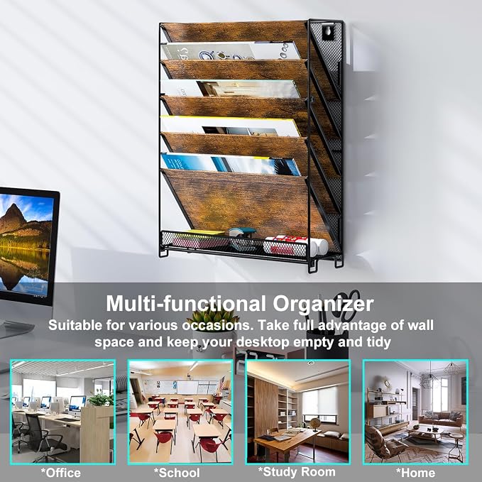 Wall File Organizer for Office, 6-Tier Rustic Hanging File holder Wall Storage Rack for Documents/Magazine/Literature/File Folders/Mails/Envelopes, Brown