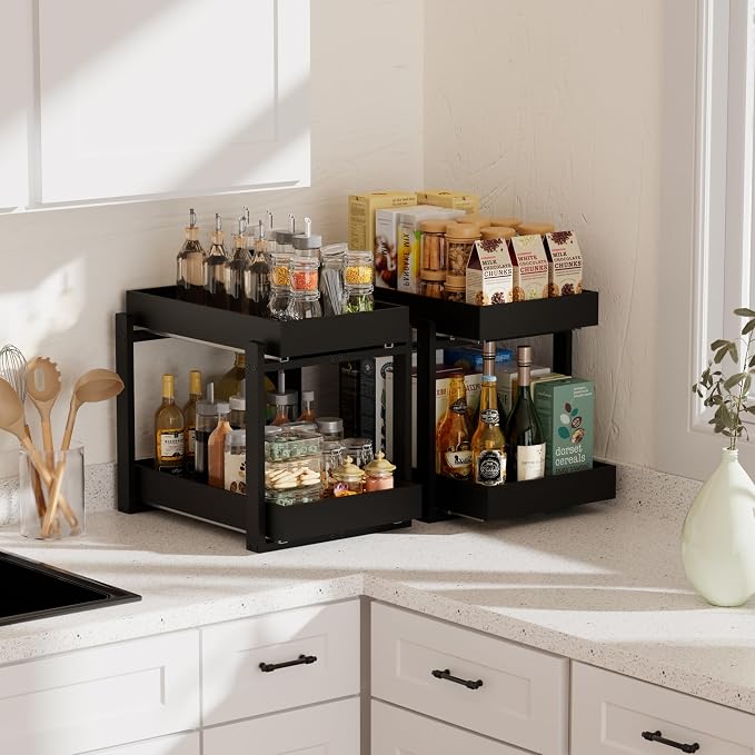 APRTAT 2 Pack Bamboo Under Sink Organizer, 2-Tier Pull Out Storage Drawers | Smooth pull-out drawers keep cleaners and tall bottles visible, organized and easy to reach in kitchen or bathroom cabinets