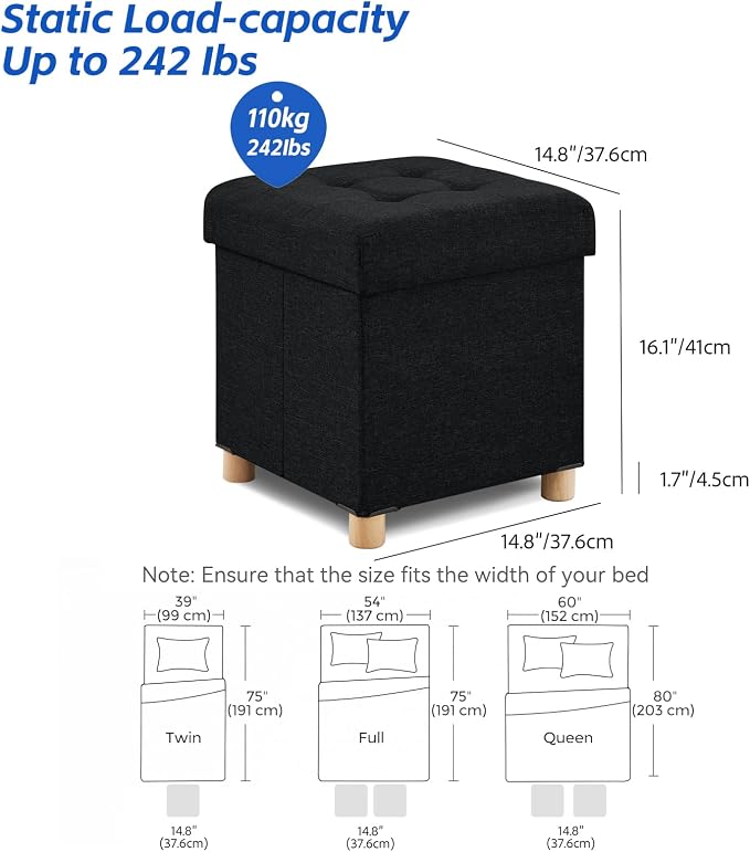 BRIAN & DANY Ottoman with Storage, Square Small Storage Ottoman Foot Rest with Legs, Ottomans Foot Stool for Dorm, Living Room, Entryway 14.8"x14.8"x17.8" (Black)