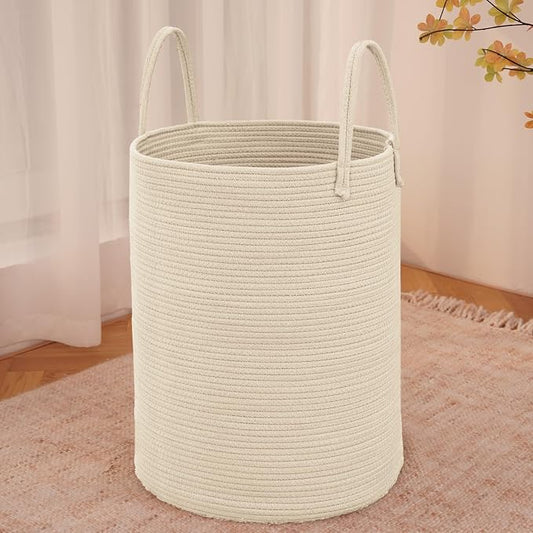 JMvicyroam 100L Cotton Rope Laundry Basket Hamper, Beige | Collapsible laundry basket, reinforced handles, freestanding, machine washable, holds 3-5 thick blankets, clothes or toys