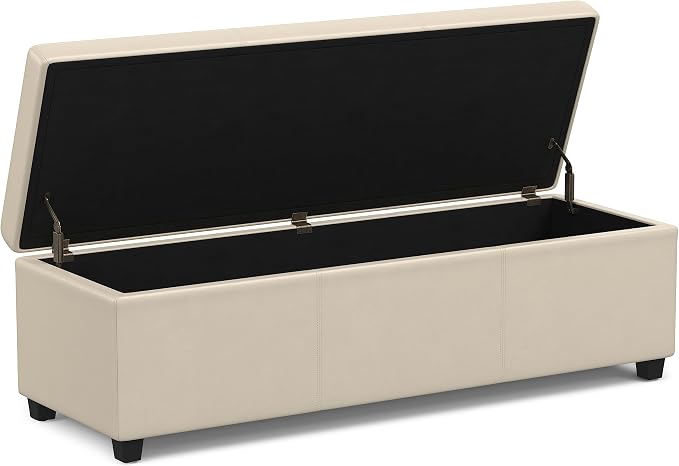SIMPLIHOME Avalon 54" Wide Vegan Leather Storage Ottoman in Tanners Brown | Contemporary lift-top ottoman with high-density foam; rectangle storage bench or coffee table for living room or entryway.