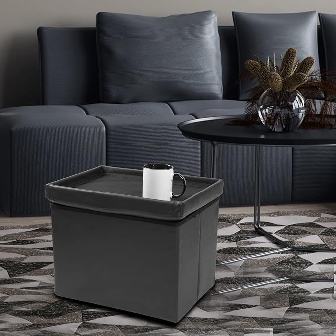 ALASDO Storage Ottoman Footrest Stool Small Ottoman with Storage Foldable Ottoman Leather Foot Rest Footstool Bench for Living Room 17x13x13inches Black