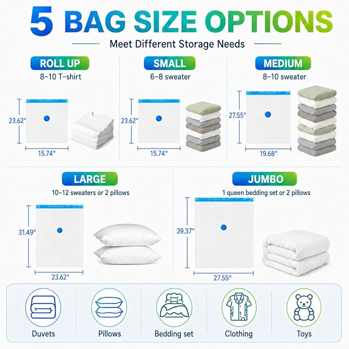Vacuum Storage Bags,30Pack Vacuum Seal Bags for Clothing,Travel,Clothes,Comforters,Blankets,Pillows-6 Jumbo+6 Large+6 Medium+6 Small+6 Roll Up Space Saving Bag Hand Pump Included