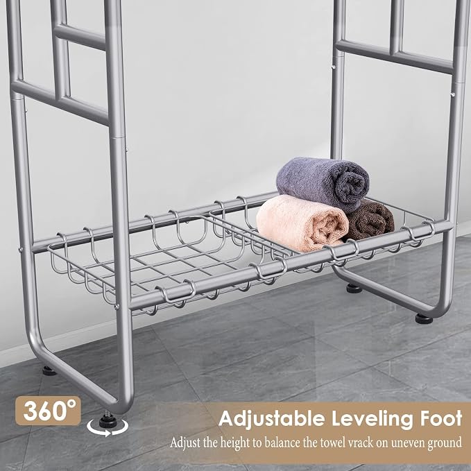 Kayfia 40'' Freestanding 3 Tier Metal Towel Rack, 2 Baskets & 6 Hooks | Dual-Use Drying & Display Rack, Holds Oversized Bath Towels & Blankets, fits Indoor, Bathroom, Bedroom & Outdoor, Silver