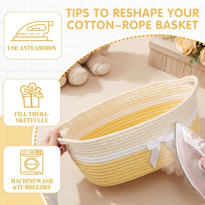 Colingmill 1 Set Woven Empty Basket for Gift,Light Yellow White | with Cellophane Wrap Set, 14 x 10 x 5.5 Inch, Medium Decorative Gift Basket, Cotton Rope Storage Box, Home Decor