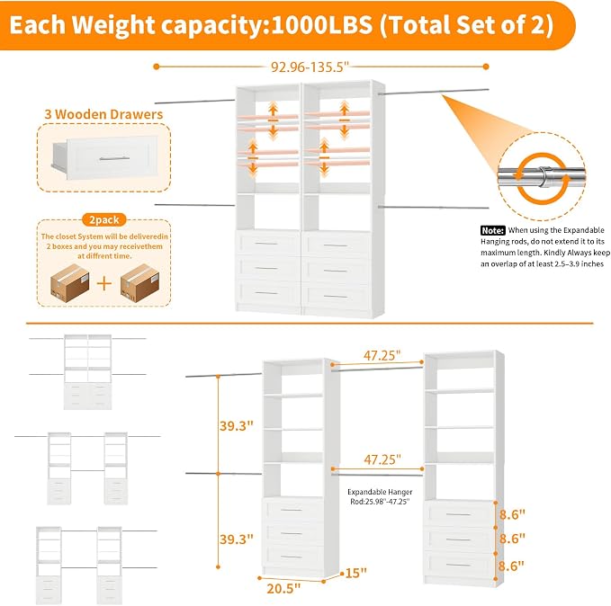 Closet System with 6 Drawers, 6FT-15FT Wooden Closet Organizer System with 8 Expandable Hanging Rods and Shelves, Closet Shelving System for Walk in Closet for Bedroom,Wall Mount, White 2 Sets